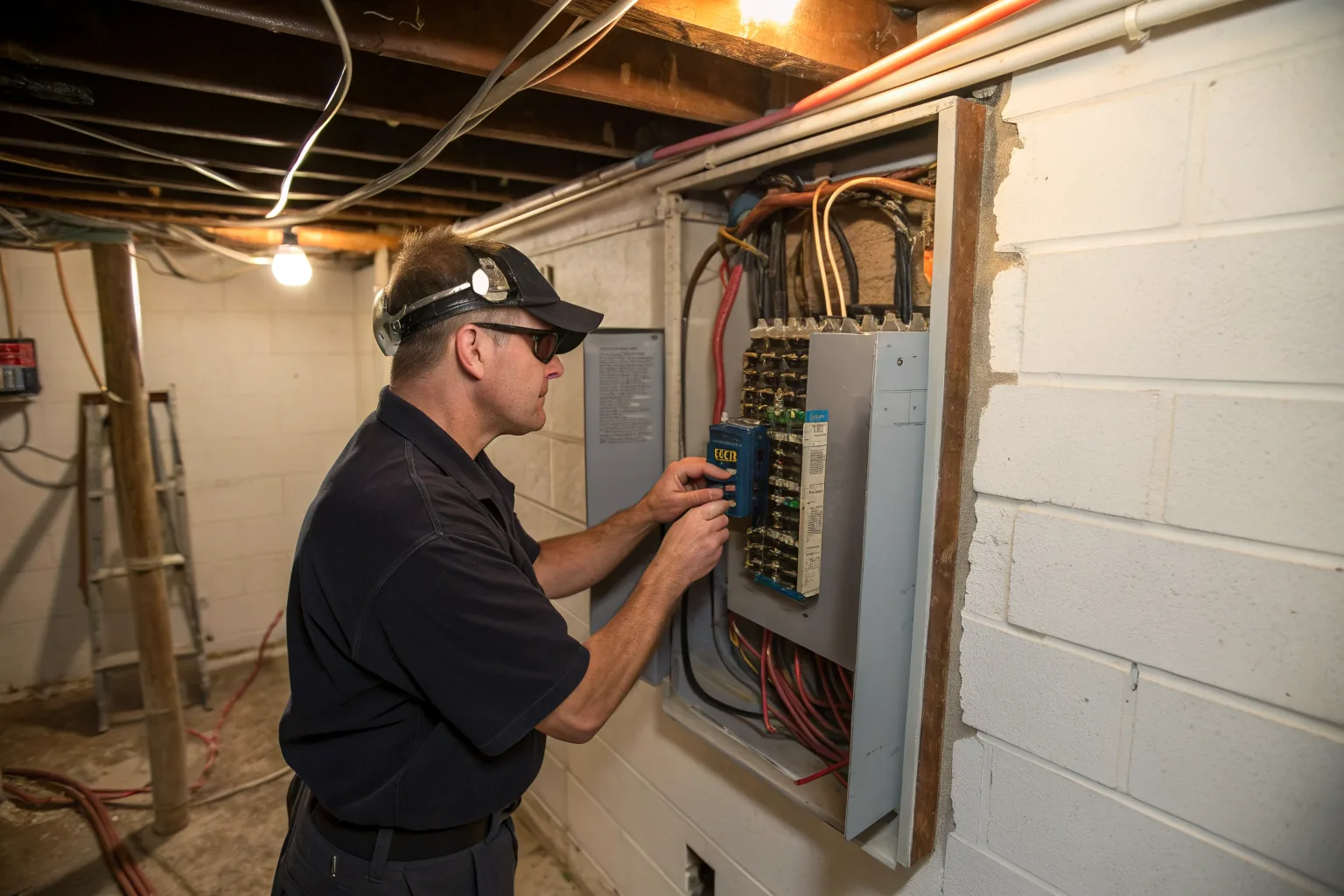 An electrician working on a panel