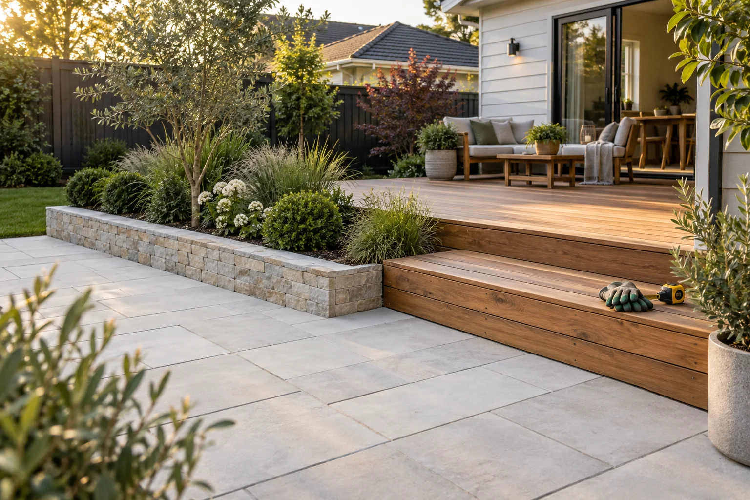 A finished patio and timber deck with carefully planted garden borders