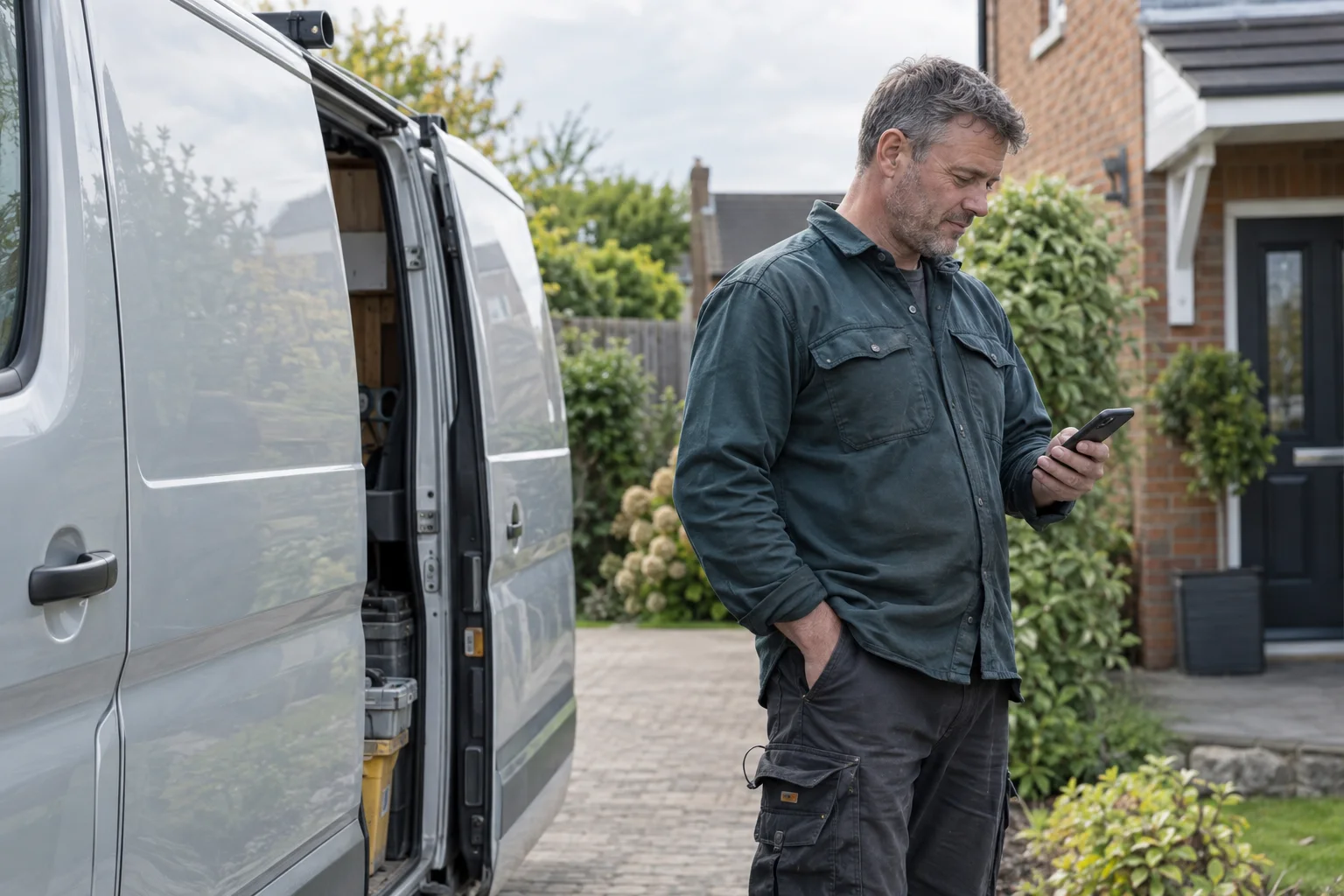 A tradesperson checking their phone beside a service van