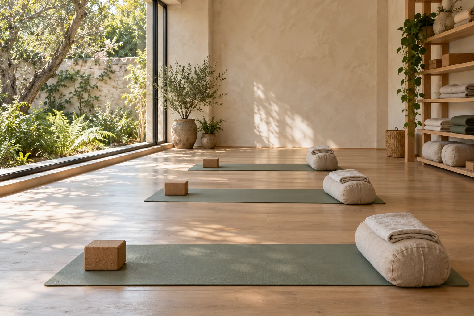 A sunlit movement studio with mats and garden views